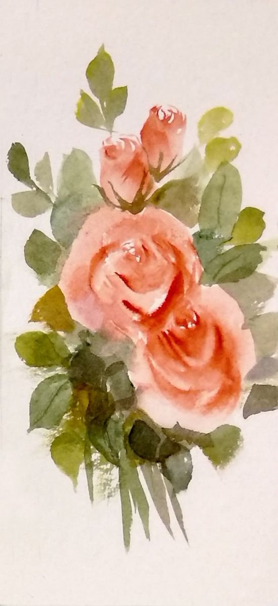 Watercolor Summer Roses Two Orange Roses Flowers Small Floral painting- 5x 11 by Asha Shenoy