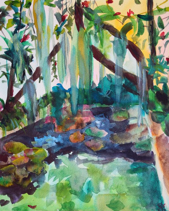 Floral watercolor painting Botanical garden with pond, Green plants