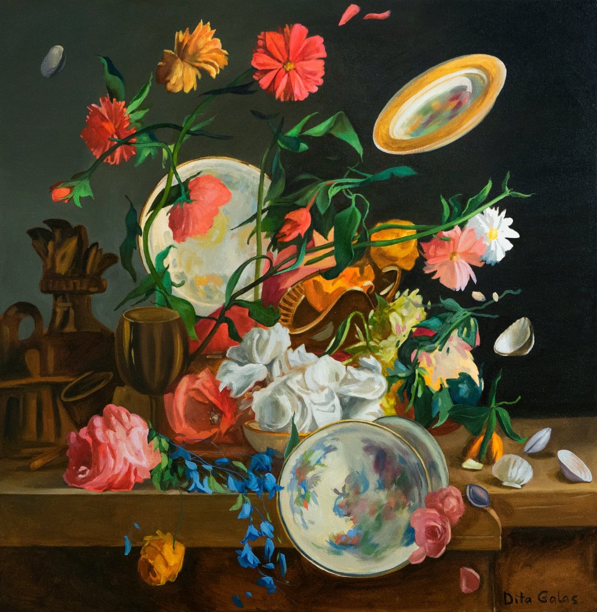 Impressionistic Still Life Oil Painting By Dita Galas, 35 X 35, Floral Chaos, Original Artwork