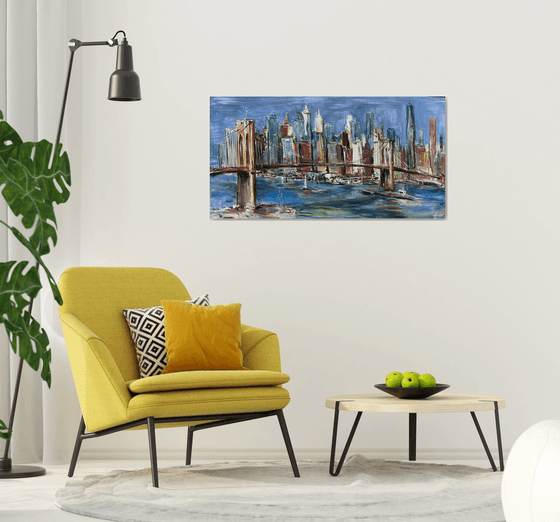 Brooklyn bridge, abstract impressionist painting 70x135cm