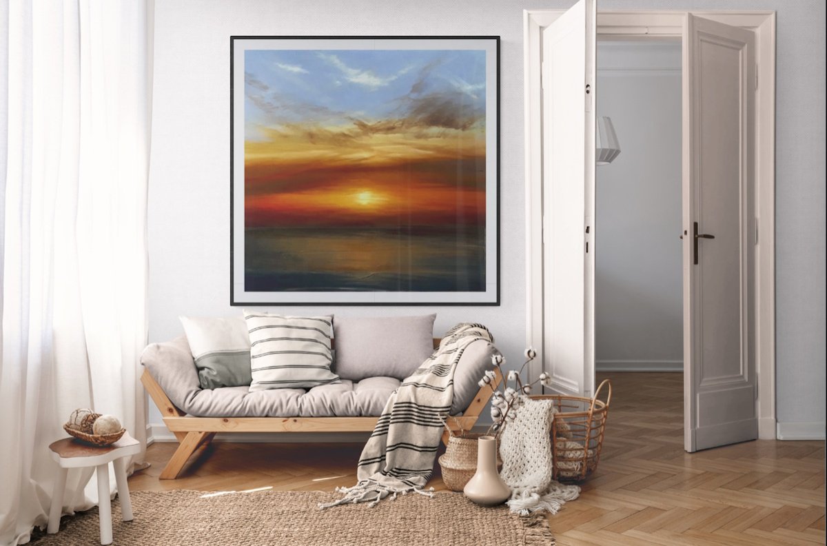 Photorealistic Landscape Oil Painting By Olena Topliss, 40 X 40", Ablazing Horizon, Original Artwork