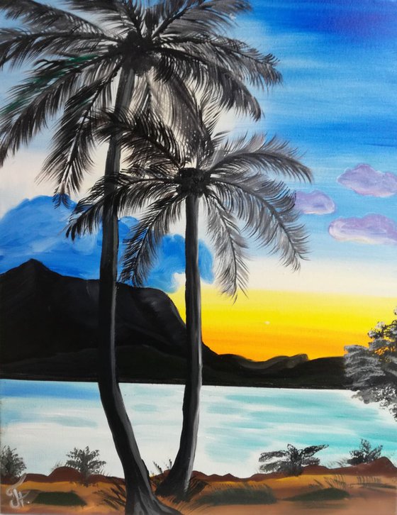 Palms on the beach, Sea, Light, Sea, Oil painting, Wall decor