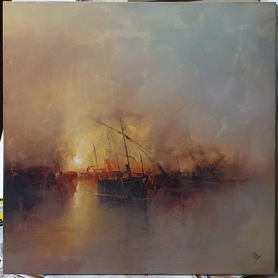 " Harbor of destroyed dreams - Hazy morning " W 70 x H 70 cm