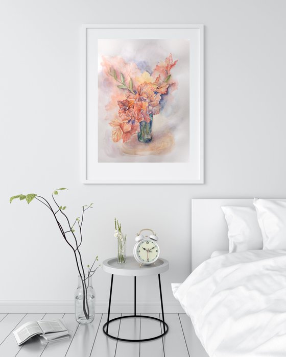 Watercolor peachy gladioluses
