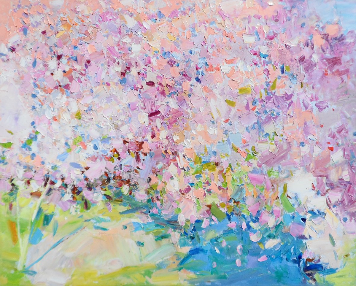 Abstract Botanical Oil Painting By Yehor Dulin, 39 X 31", " Cherry Blossoms ", Original Artwork