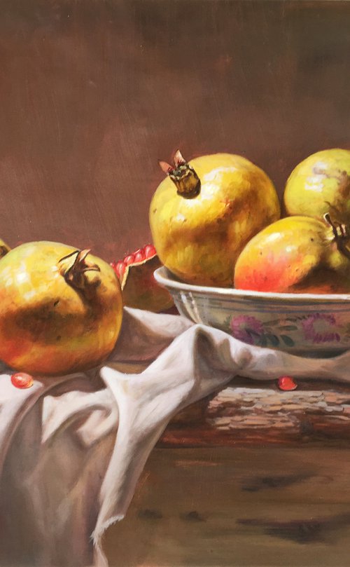 Still life:Pomegranates on the table by Kunlong Wang