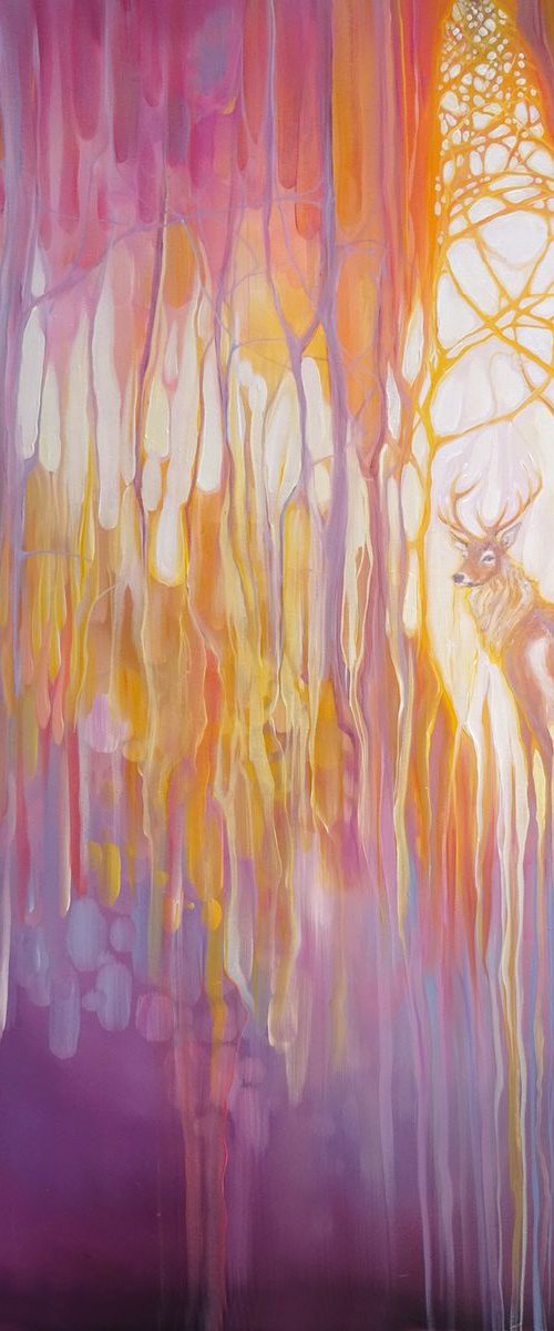 The Guide - a Celtic style painting of a stag in an abstract forest by Gill Bustamante