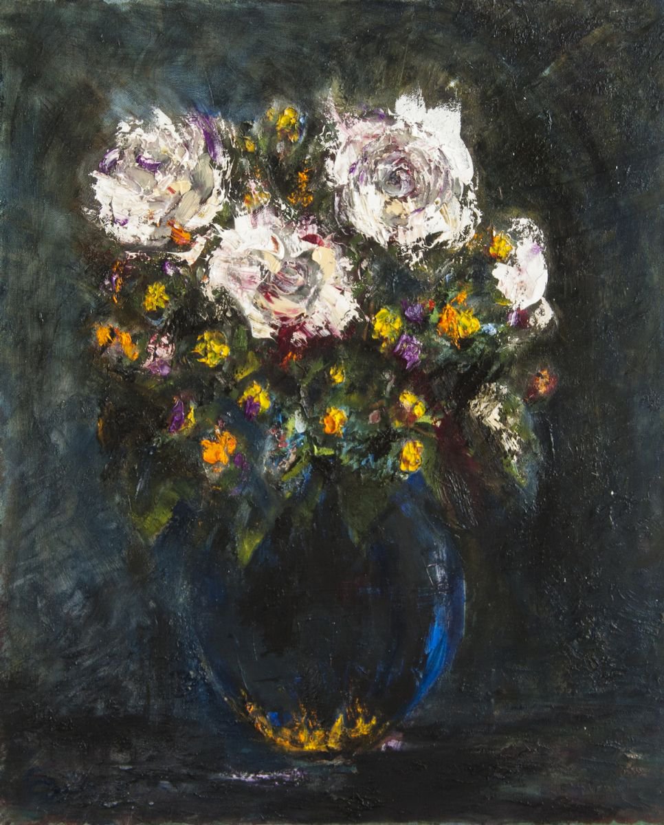 Impressionistic Still Life Oil Painting By Leo Baxiner, 20 X 24", Night Still Life., Original Artwork