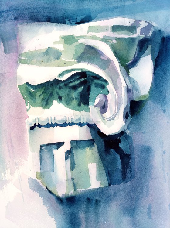 Watercolor plaster column in blue shades still life