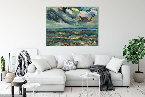 THUNDERSTORM OVER THE SEA - landscape art, seascape, nature, sky water waves , blue, large size original oil painting