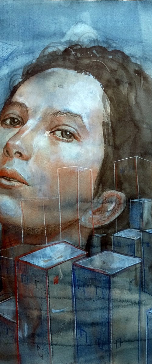Woman with buildings by paolo beneforti