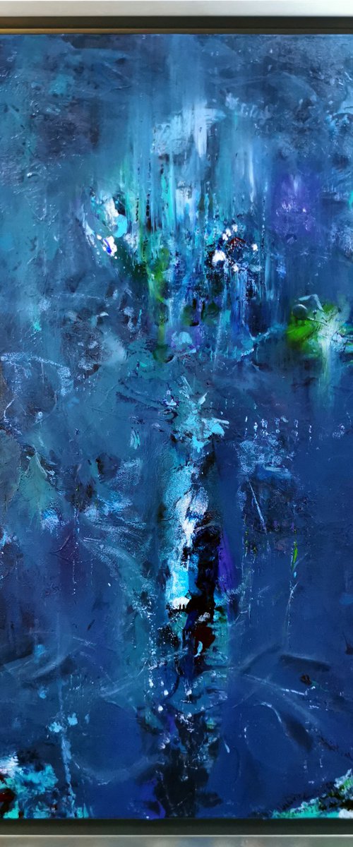 Framed blue enigmatic ghostly pot with flowers unique painting by O KLOSKA by Kloska Ovidiu