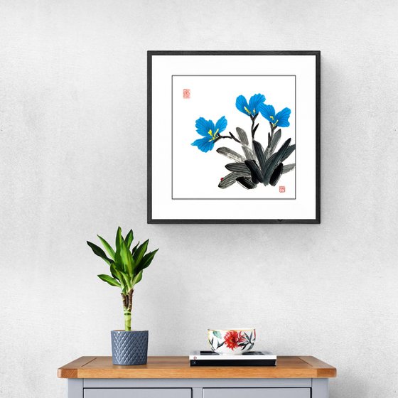 Blue Irises and Red Ladybug