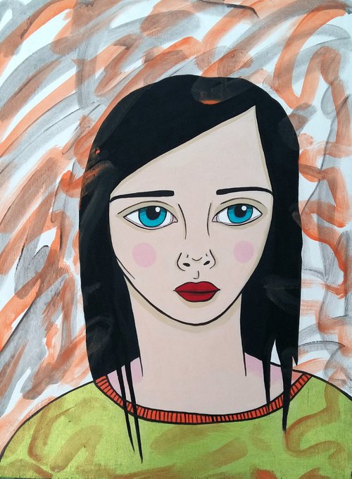 Portrait with Orange and Green - Original Painting by Kitty  Cooper