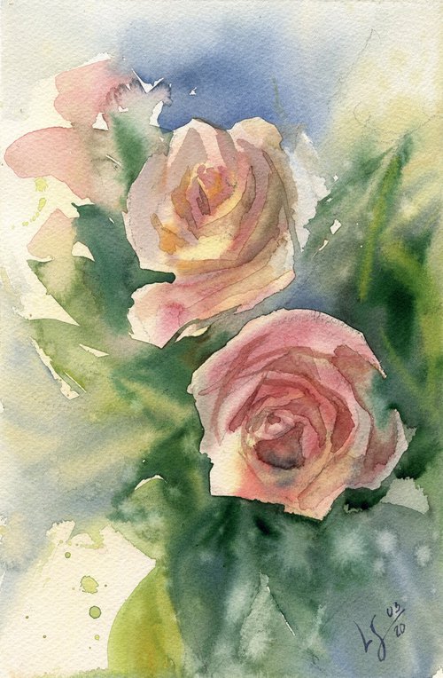 Delicate pink roses, watercolor ala prima by SVITLANA LAGUTINA