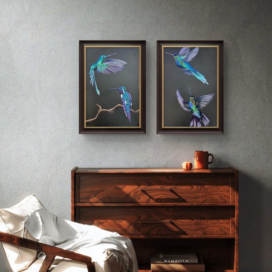 Colibri Flowers Diptych Pastel