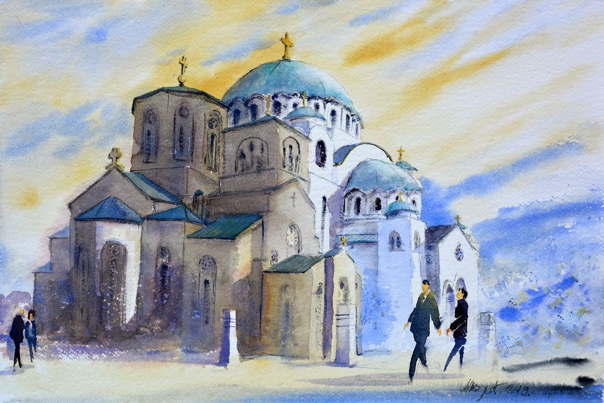 Impressionistic Cityscapes Watercolour By Nenad Kojic, 22 X 15", Crkva I Hram Svetog Save, Original Artwork
