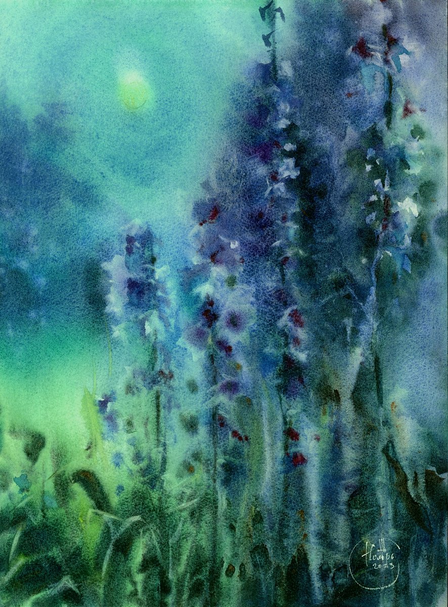 Impressionistic Landscape Watercolour By Tatyana Tokareva, 12 X 16", Summer Night., Original Artwork