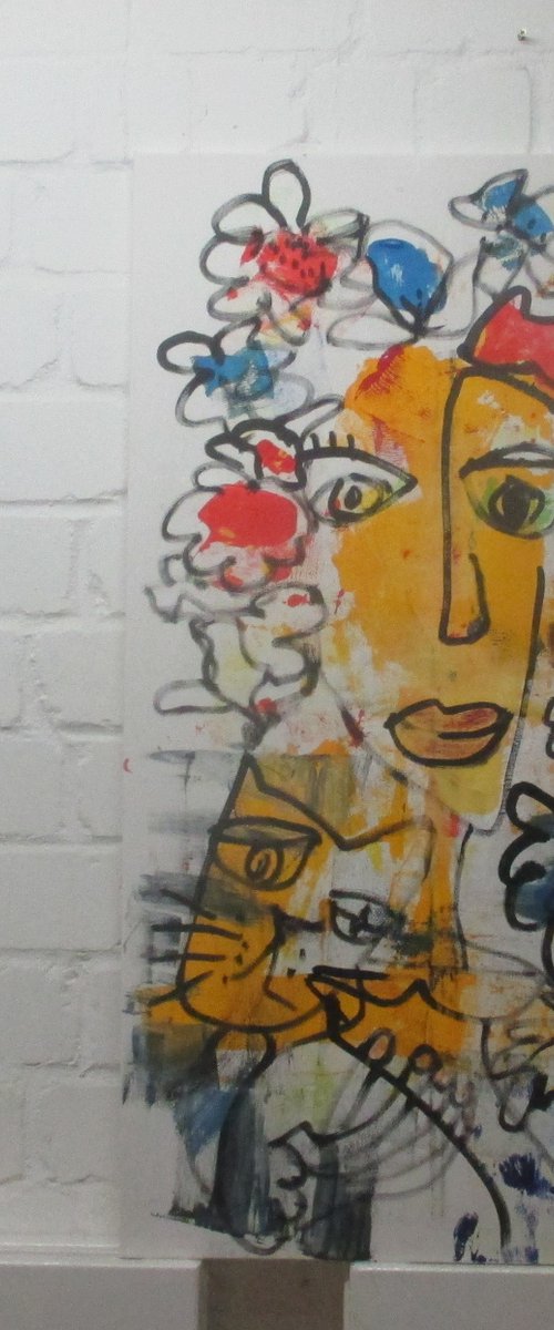 expressive flowergirl, girl with cat portrait 47,2 x 27,5 inch by Sonja Zeltner-Müller