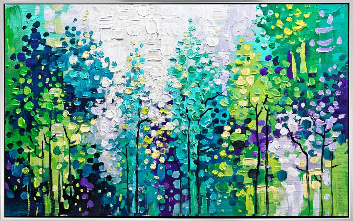 Abstract Acrylic Painting By Lana Guise, 25 X 17", Green Forest, Original Artwork