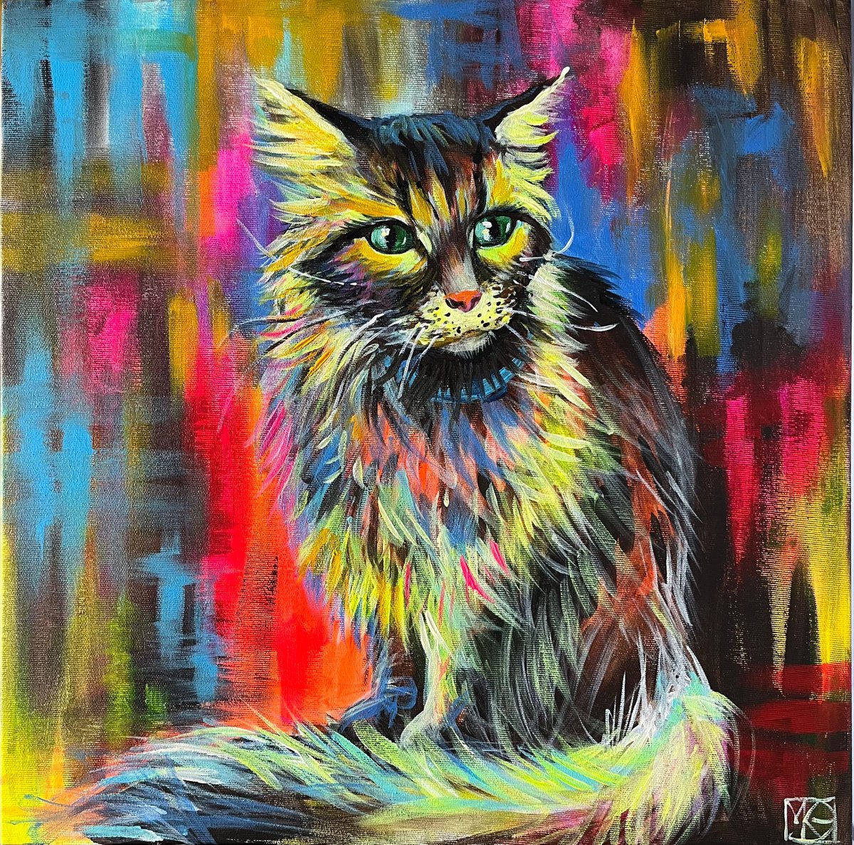 Expressive Animal Acrylic Painting By Maria Kireev, 20 X 20", My Lovely Cat, Original Artwork