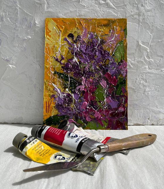 Lilac Painting Impasto Original Art Flowers Small Oil Artwork Floral Wall Art 6 by 8" by Halyna Kirichenko