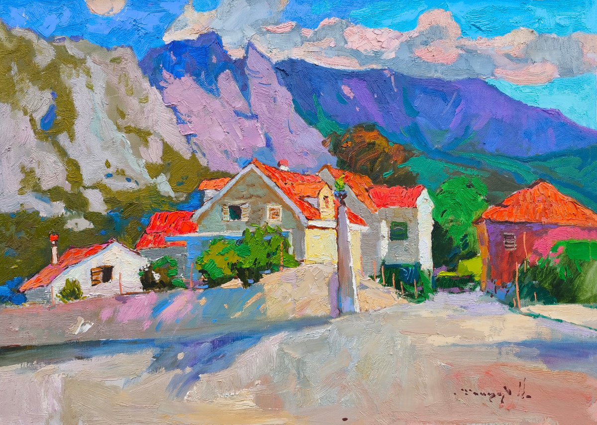 Impressionistic Landscape Oil Painting By Alexander Shandor, 26 X 19, Red Roofs, Original Artwork