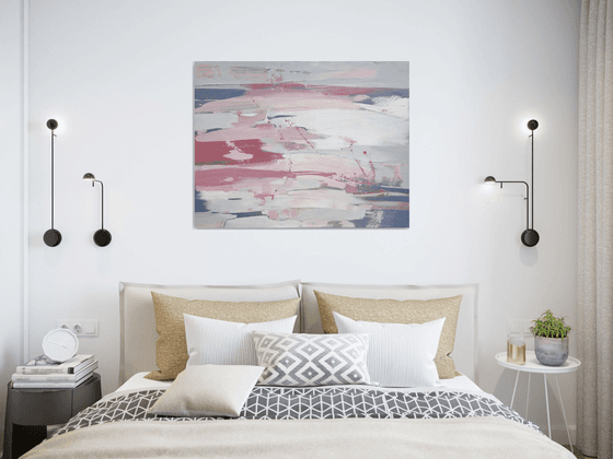 Abstraction "Elements of nature" 90x70 cm.| White, silver and rosy | Original oil painting