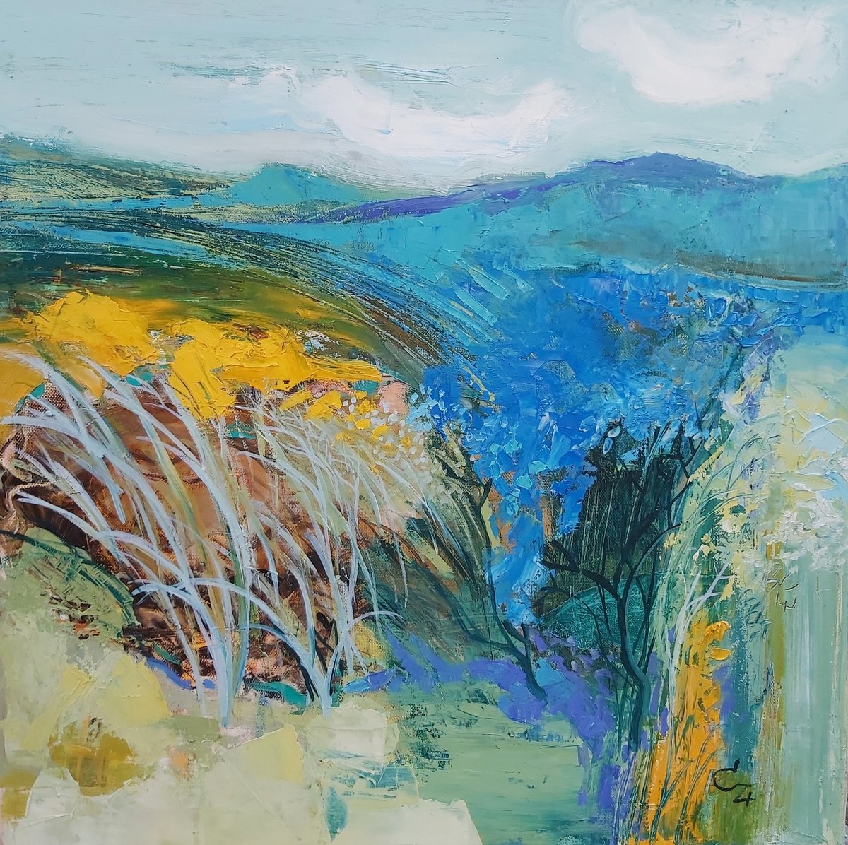 Impressionistic Landscape Oil Painting By Victoria Cozmolici, 20 X 20", Blue Flowers, Original Artwork