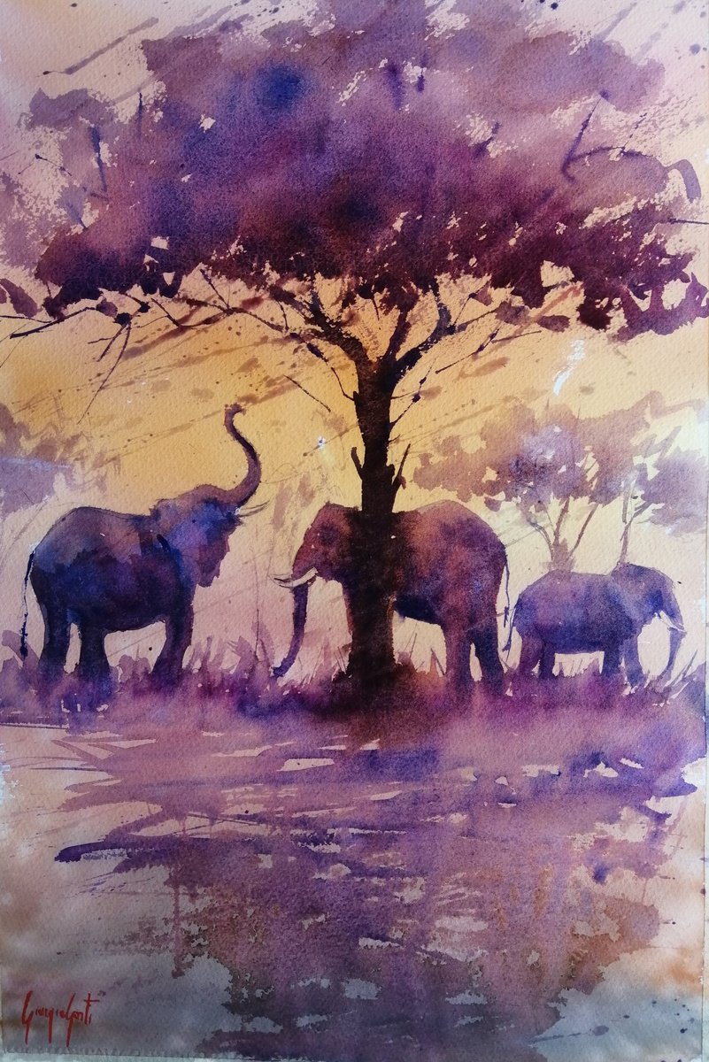 Impressionistic Watercolour , Elephant 26 By Giorgio Gosti, 14 X 21, Artwork For Sale On Artfinder