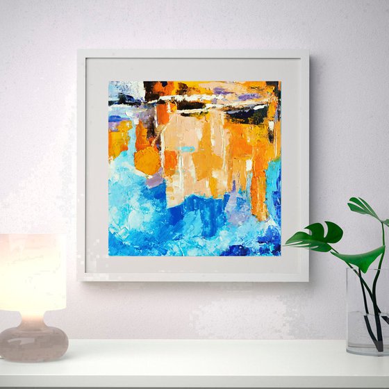 Reflections N 2, Abstract Painting Small Original Art Blue Orange Beige Artwork Multicolor Geometric Wall Art