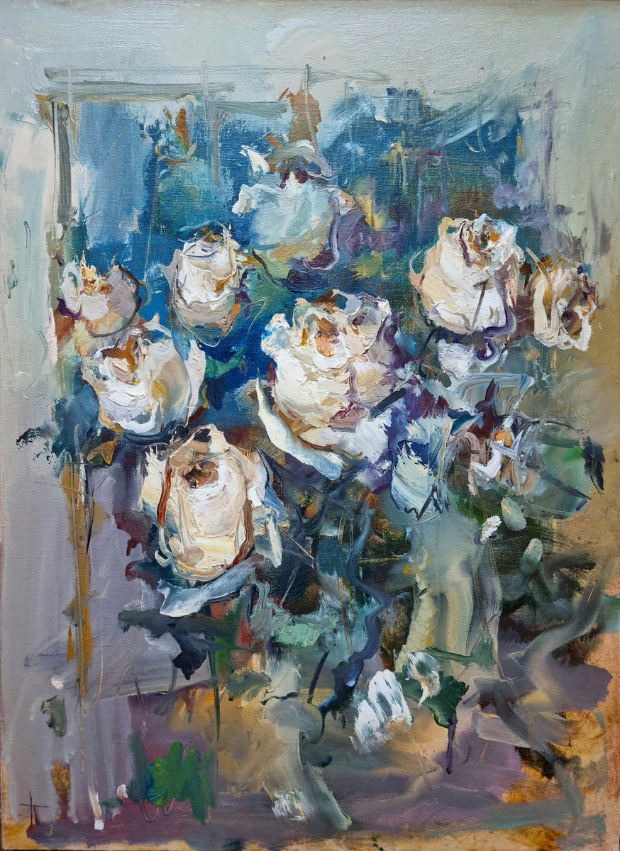 Expressive Botanical Oil Painting By Hennadii Penskyi, 18 X 24, Roses, Original Artwork