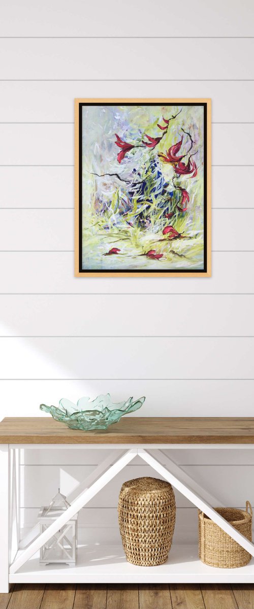 Abstract Forest Pond Lake Painting. Floral Garden. Abstract Magnolia Orchid Flowers. Original Blue Teal Green Painting on Canvas 46x61cm Modern Art by Sveta Osborne