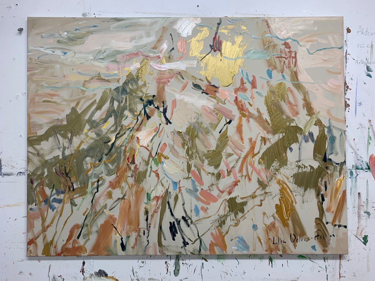 Expressive Abstract Oil Painting By Lilia Orlova-Holmes, 48 X 36", Golden Mountain, Original Artwork