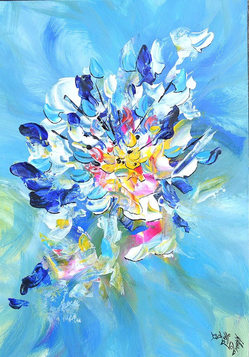Abstract Acrylic Painting By Isabelle Vobmann, 12 X 17, Abstract Blue Bouquet, Original Artwork