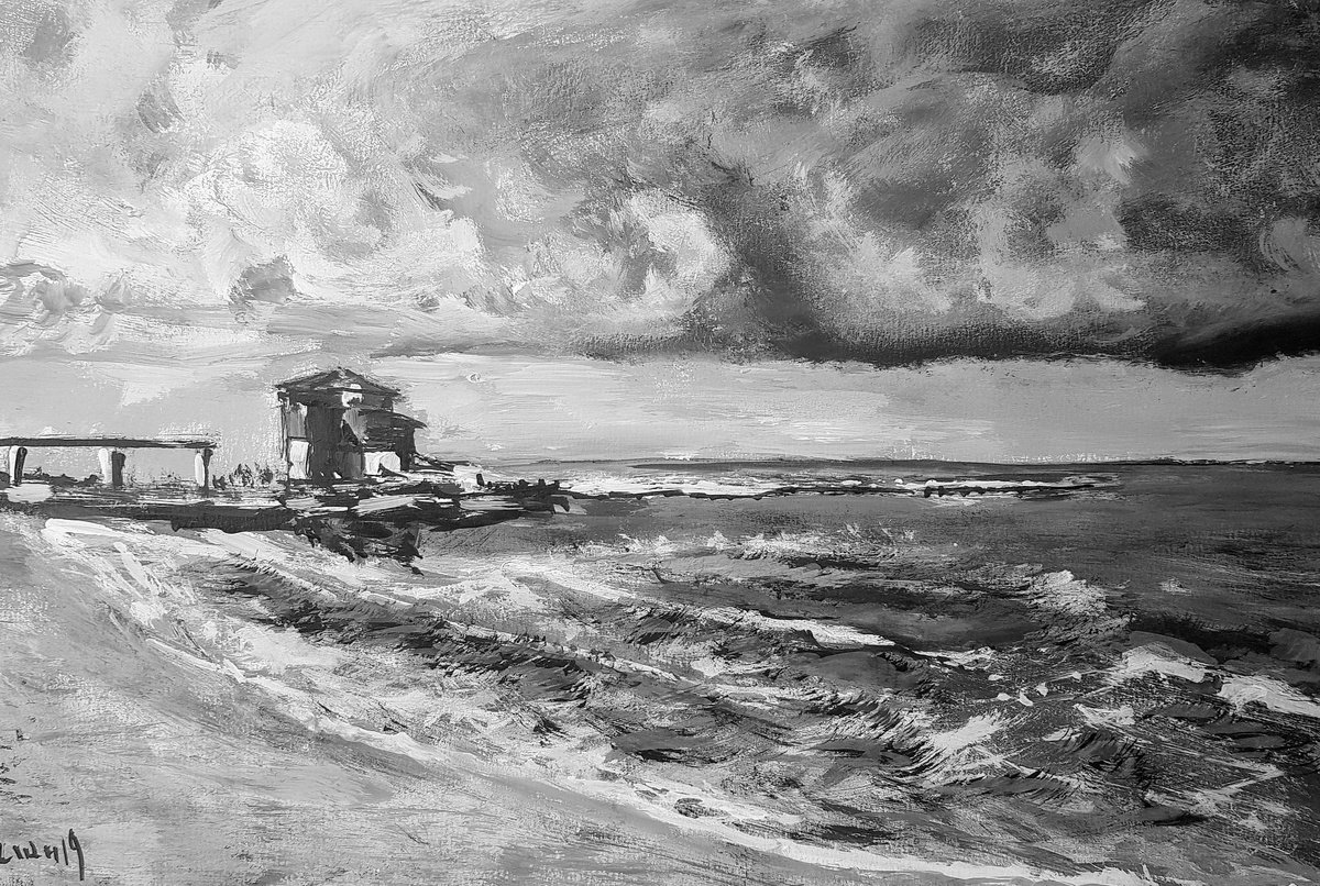 Impressionistic Landscape Acrylic Painting By Leonid Kirnus, 14 X 10", Sea Shore, Original Artwork