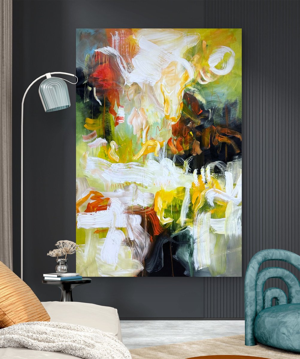 Abstract Acrylic Painting By Andrada Anghel, 40 X 60, Orange Theory On Green, Original Artwork