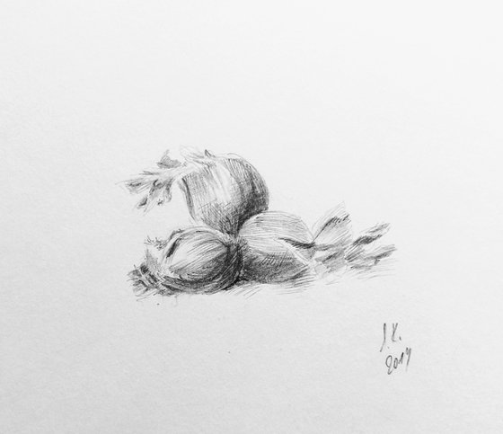 Still life with nuts. Original pencil drawing
