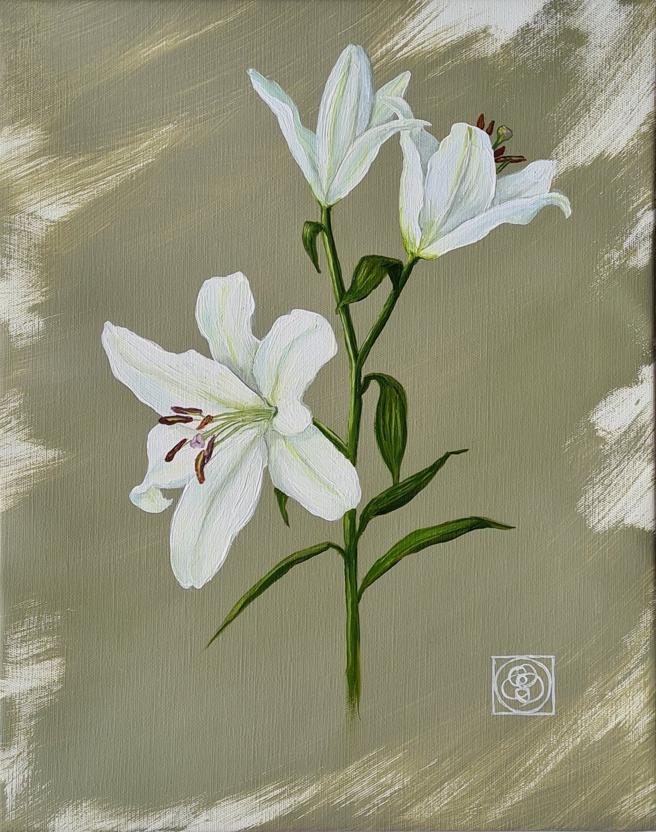 Photorealistic Botanical Oil Painting By Katia Bellini, 16 X 20", Oriental Lily Study 3, Original Artwork