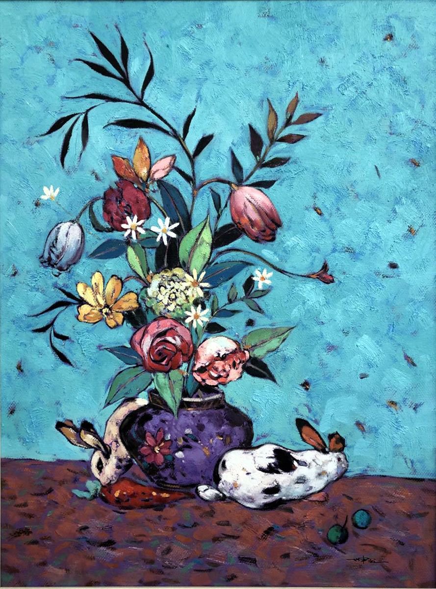 Still life oil painting:Floral in the vase with cat by Kunlong Wang