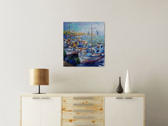 Painting Fishing boats, Nautical Painting, boat yacht bay