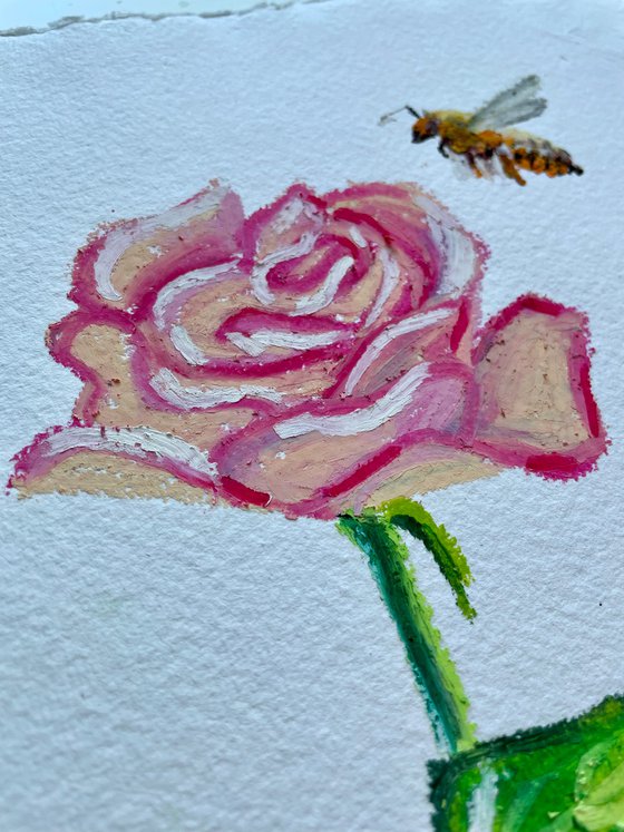 Rose Original Oil Pastel Painting, Bee Illustration, Valentines Day Gift for Her, Cottagecore Wall Art