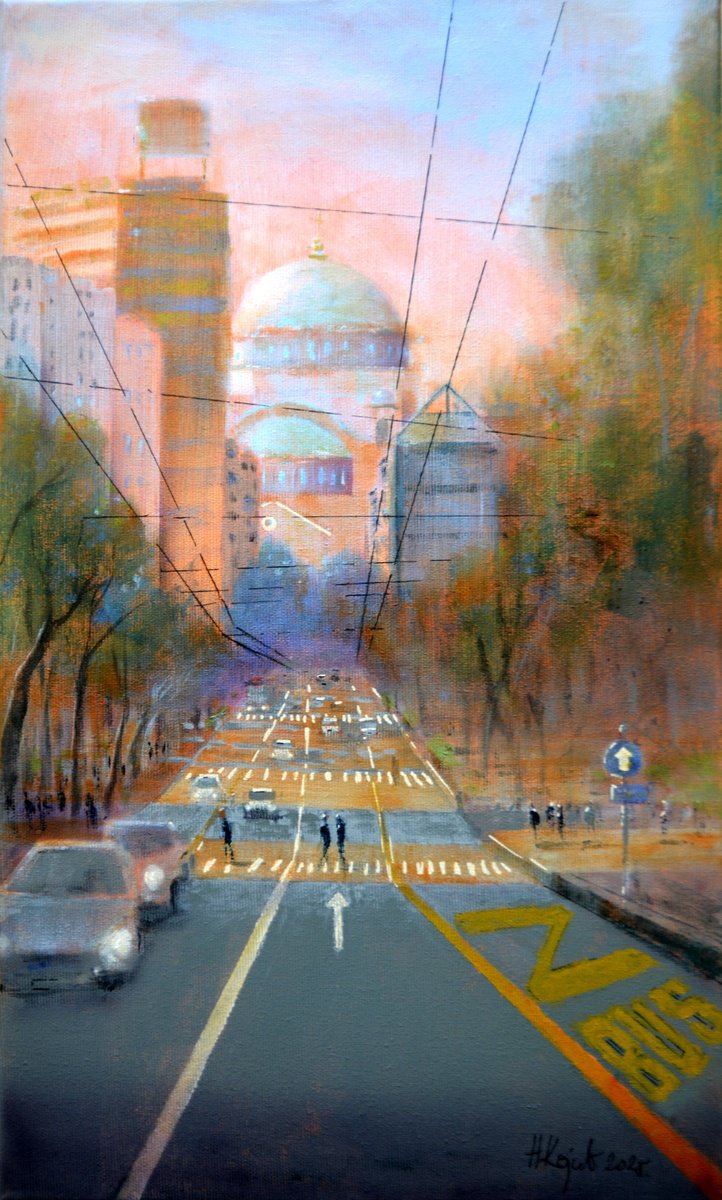 Urban And Pop Cityscapes Acrylic Painting By Nenad Kojic, 12 X 20", Ulica Srpskih Vladara, Original Artwork
