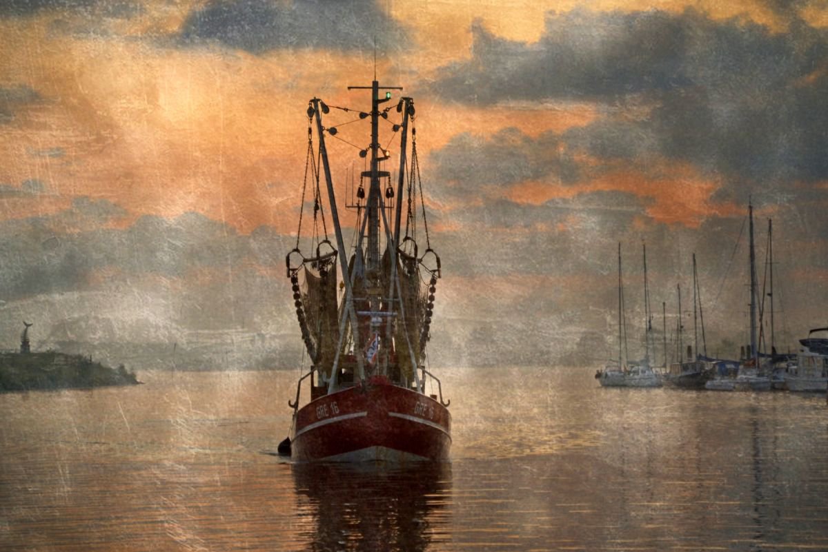 Fishing Boat at Sunrise by Sandra Roeken