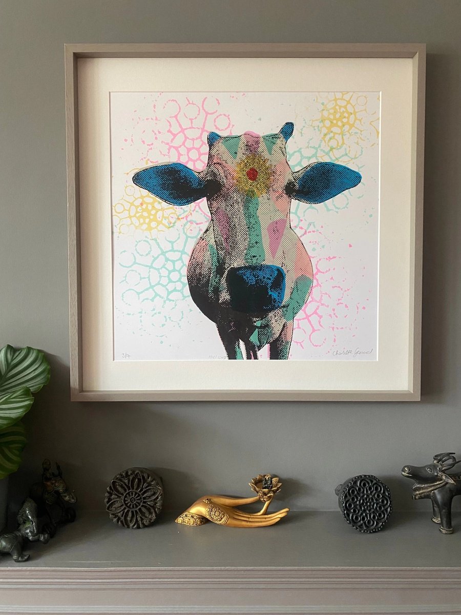 Illustrative Animal Screenprint By Charlotte Gerrard, 20 X 20, Holy Cow, Original Artwork