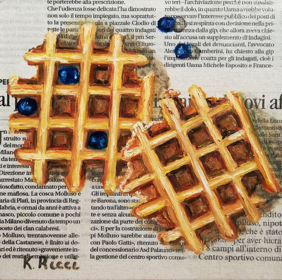 "Waffels on Newspaper" Original Oil on Canvas Board Painting 6 by 6 inches (15x15 cm)