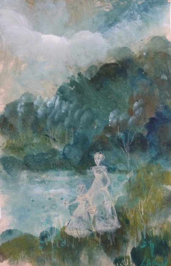 "A Sunday at the lake" on old paper 28x18cm