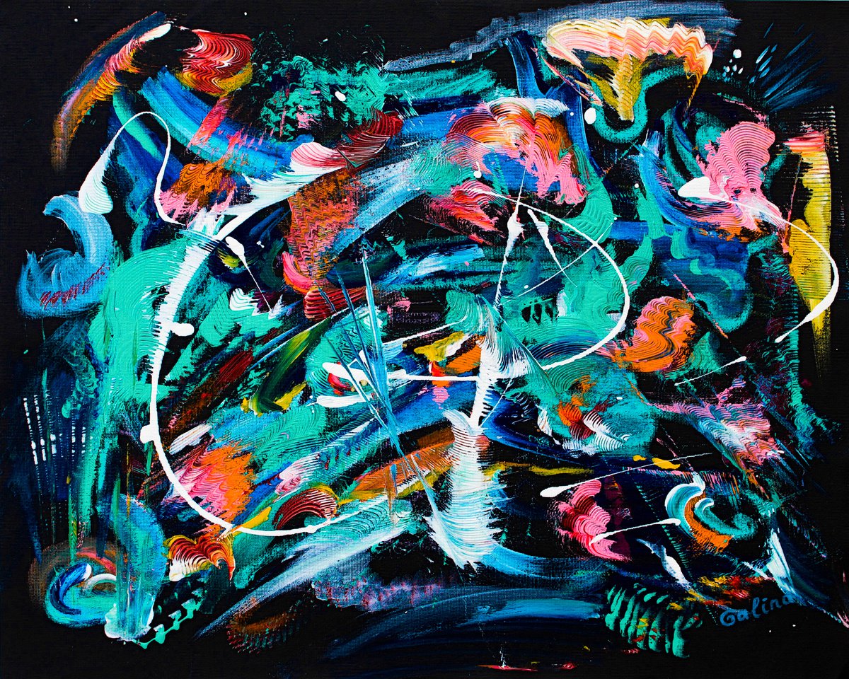 Expressive Abstract Acrylic Painting By Galina Victoria, 20 X 16, Cosmic Rays 181020, Original Artwork