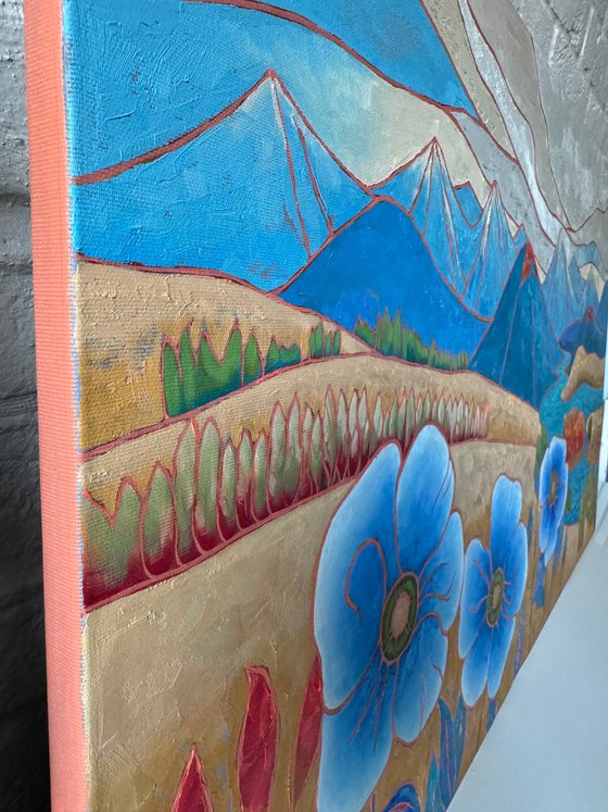 Blue poppies and mountain