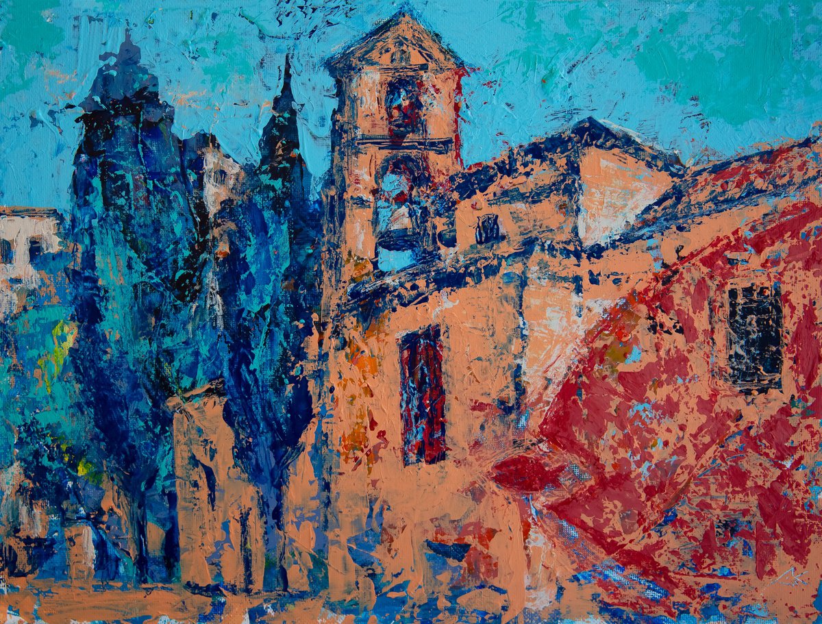 Impressionistic Cityscapes Acrylic Painting By Denys Kuvaiev, 19 X 15, Carmelitas Church In Salamanca, Spain, Original Artwork